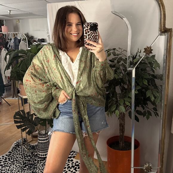 Free People Tops - Free People Kimono Wrap Sheer Metallic Top Green One Size